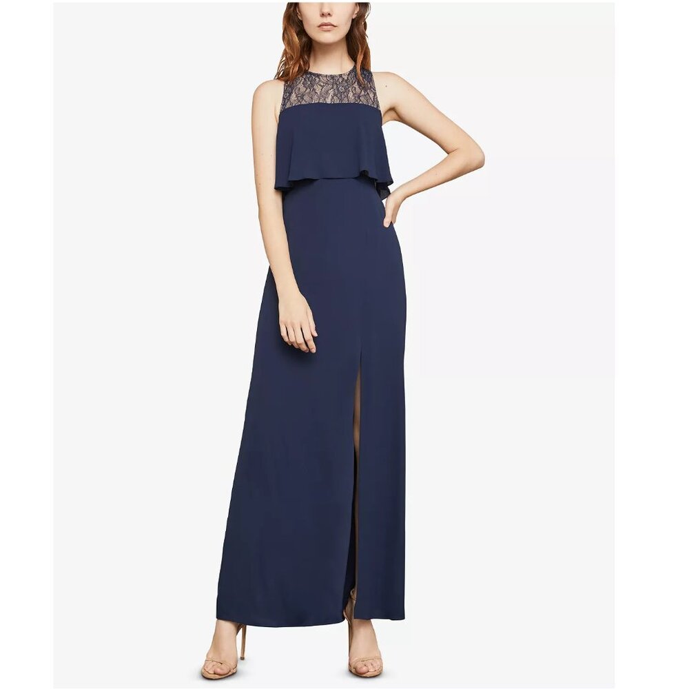 BCBGMAXAZRIA Sleeveless Cascading-Back Ruffle Gown, Dark Navy, Size 0